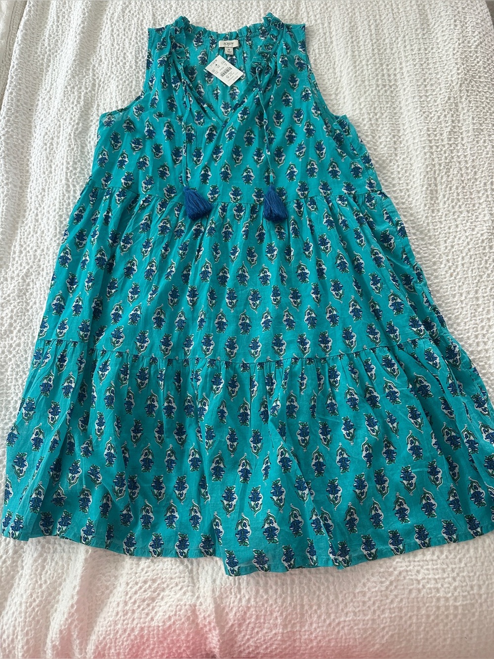 NWT J. Crew women’s Teal Patterned Tiered Summer Dress with tassels